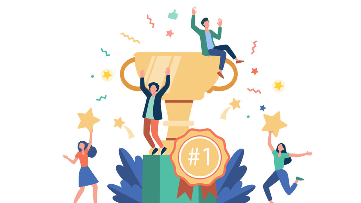 Team of happy employees winning award and celebrating success. Business people enjoying victory, getting gold cup trophy. Vector illustration for reward, prize, champions concepts